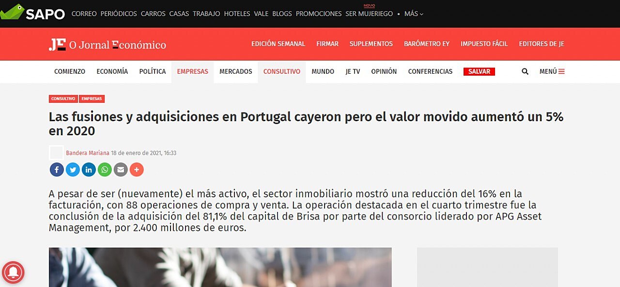 Fuses e aquisies em Portugal caram mas valor movimentado aumentou 5% em 2020